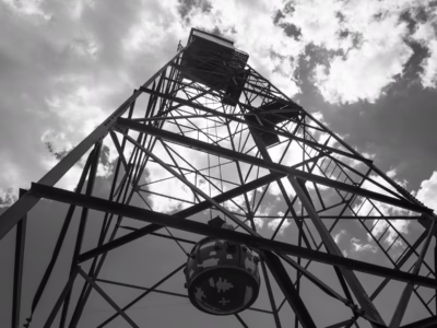 This recreation of the Gadget, as the scientists named the device, is shown here in this full-scale recreation being lifted to the top of the 100-foot tall tower. Located at the Nuclear Museum in Albuquerque.
