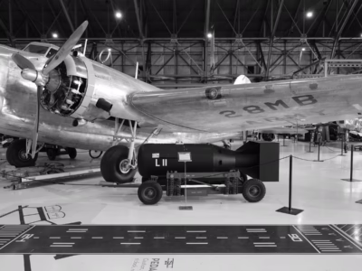 The same display as image #2. The plane that the bomb appears to "go with" has no relationship to it at all. It is a B-18 Bolo and the weight of Little Boy was more than twice the plane's entire bomb load capacity.