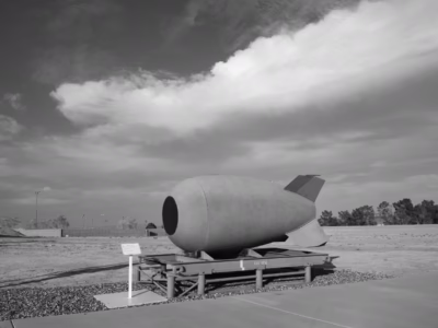 Even before the end of World War II development of post-war bombs was underway. The Manhattan Project created a new engineering and field testing site in July of 1945, and the development of the Mark IV started two weeks before the atomic bombings of Hiroshima and Nagasaki. Z-Division--a new site focused on the engineering and assembly of atomic bombs, located adjacent to Kirkland Air base, near Albuquerque, New Mexico--greatly improved the ability of engineers to test and improve these weapons. One of the many improvements, as you can see in this image, made outside the China Lake Museum in Ridgecrest, California, is the completely redesigned tail section. The boxy, poorly designed shape of the stabilizer has been replaced now with fins that improved the bomb's accuracy from high altitudes. This unit appears to be the only Mark IV on public display anywhere in the world (the one at the Diefenbunker Cold War Museum is a model). A small sign next to the display indicates the bomb is on loan from the Naval History and Heritage Command.