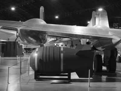 Another view of the National Museum of the US Air Force's Mark VI bomb. Behind the bomb you can see the large wing of a Boeing B-50D Superfortress, an updated B-29 (although this particular aircraft was, in the last years of the plane's service, converted to a weather reconnaissance role).