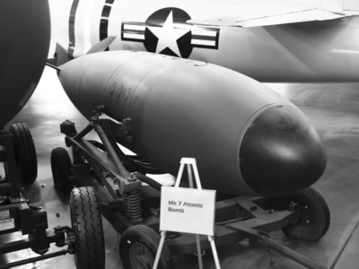 The Mark 7, which came out in the middle of the Korean War, borrowed much from the Mark V, but was smaller and designed to be carried by fighter-bomber aircraft, a major improvement in usefulness. As you can see in this unit, from the Hill Aerospace Museum in Utah, the Mark 7 is far less bulbous than earlier bombs. What is not readily visible is the weight: Only 1600 lbs, light by nuclear bomb standards.