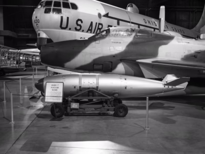 A different and closer view of the Mark 7 at the Air Force Museum. The plane immediately behind the bomb is the Republic F84F, a primary platform for the Mark 7. Behind that plane is the Boeing KC-97L Starfreighter, an in-flight refueling plane (basically a modified B-29). A B-29 could carry only a single Fat Man bomb due to the bomb's size and 10,000 pound weight. The Mark 7 was so much smaller and lighter, and therefore so much more useful. Between 1645 and 1700 were built (and used by all three military services in the US, a first) and a warhead version was used in the Corporal missile, the Honest John rocket, and others.