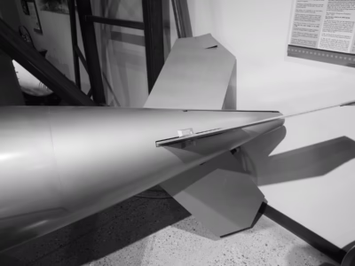 This looks to be a training unit, located at the Nuclear Museum in Albuquerque. Note the small tabs on the fins--these were added to the design to impart spin to the weapon as it fell. Earlier models featured air brakes, which would flip out from the tail (all of the units here in my images have the fins). However, this unit seems to have something, I'm not sure what, that flips out, visible between the fins.