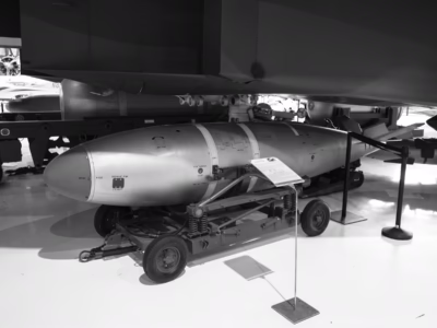 Although this at first may appear to be a different view of the same bomb as the prior photograph, this Mark 7 is located at Wings Over the Rockies, an aerospace museum in Denver. Note here the tail of the bomb. The weapon could be carried by fighter-bombers but the bomb was still large for these aircraft and, at fifteen feet in length, long as well, leaving little clearance between the rear of the body of the bomb and the ground. Thus, the bottom fin was retractable and would extend during flight.