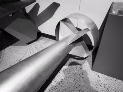 The odd tail design of the Mark 8 was said to be for stability when dropped from high altitude although later versions used a fin design and did away with the ring. At the Nuclear Museum in Albuquerque.