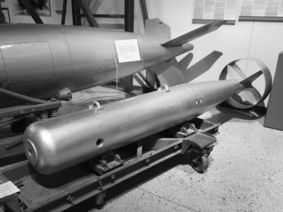 The Mark 8 bomb (sometimes called by its nickname, "Elsie") was unusual in that, despite the use of fuel-efficient plutonium-based bombs elsewhere in the growing US inventory, it used a Little Boy-like uranium gun design. My assumption is that, due to the intent of this weapon as a ground penetrating bomb where the bomb explodes after impact, not upon impact, the gun design was the more robust choice. Forty Mark 8's were manufactured in several different versions (with later units modifying earlier units). The use of the still rare uranium caused concern in the other military branches--the Mark 8 was a Navy bomb. At the Nuclear Museum in Albuquerque.