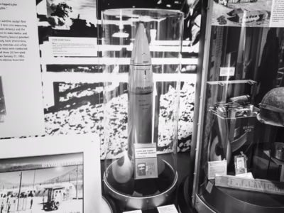 This is a nuclear artillery shell but not for the Atomic Annie. It took from 1945 to 1953 to shrink an explosive with the power of Little Boy down to the 280mm shell, and the miniaturization did not stop there. This shell, the M455 is the training shell for the nuclear version, the M455, and could be fired from a standard Army M109 self-propelled howitzer (still in use today). The M454 entered service in 1963 and was in inventory until 1992. Located at the Atomic Museum in Las Vegas.