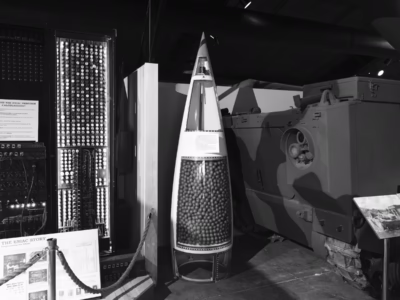 A cutaway view of an Honest John warhead at the Artillery Museum deep inside Fort Sill, Oklahoma. This display show the warhead holding 4800 grenades which would disperse before impact, to be used against massed enemy troops.