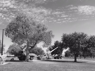 Another view of the original Atomic Annie at Ft. Sill. When it fired the Grable test shot it missed the target (aiming for 500) by twenty-four feet (it was too high), too far west by eighty-six feet, and too far south by one hundred and thirty-seven feet. This is said to be accurate for a such a large gun, well within the "bulls-eye" for an atomic weapon.