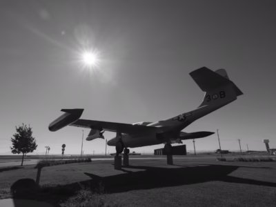 As the Soviet bombers were required to come from the north in order to attack the United States, the Canadian Air Force also fielded significant numbers of Genie rockets. This is another image of the Operation Plumbbob F-89 Scorpion with its two Genies, photographed next to the Great Falls International Airport, in Montana.