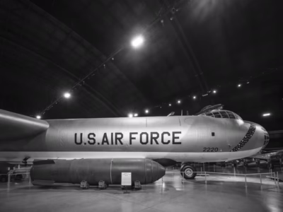The Mark-17 was the physically largest nuclear bomb ever produced by the United States. Here it is placed against the backdrop of the enormous B-36, the only plane capable of carrying it. Located at the National Museum of the US Air Force, in Dayton, Ohio.