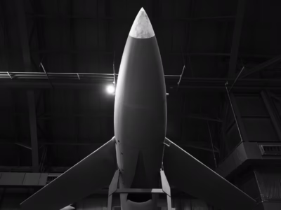 A view looking up at the front of the Matador, from the National Museum of the USAF, in Dayton. The mechanism visible at the bottom of the frame is part of the jig that elevates the missile from the launch truck.