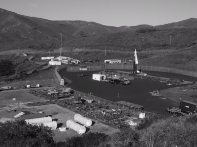 The Nike-Hercules angled to the sky and waiting to be launched. Of course, this demonstration model has no fuel. Thsi bunker was one of several in this cluster. This is the view from above the Nike Site SF-88, part of the US National Park system.