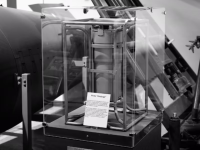 The text on the sign reads: "M102 Birdcage. For the first 15 years of the nuclear weapons era, all nuclear components were stored separately from the rest of the weapon. The M102 was the first pressurized storage and shipping container, often called the 'birdcage.' The nickname 'birdcage' came from the metal frame that surrounds the central storage tube. Used with bombs and artillery rounds, the frame kept nuclear components separated. The neutron absorbing material in the central storage tube prevented nuclear components that were stored close together from causing a nuclear reaction." Located at the Nuclear Museum in Albuquerque.