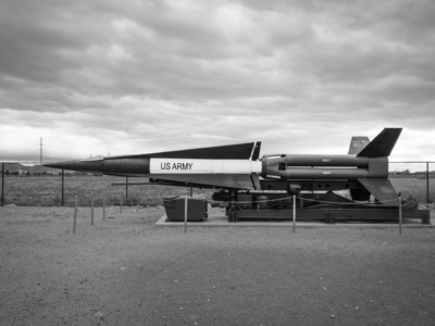A Nike-Hercules missile consisted of two main parts: A booster, which would burn for 3.4 seconds but had no control surfaces, and then the missile itself. At the Nuclear Museum in Albuquerque.