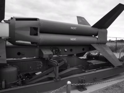 The Nike-Hercules was heavily based on the Nike-Ajax. The booster is made up of four of the Ajax boosters with fins added for stability. Photo made at the Nuclear Museum.