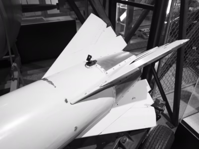 It is unusual, for some reason, to see the Genie's tail fins fully extended, unlike with this display at the Nuclear Museum in Albuquerque. I don't know why. In flight the fins would extend about the time the rocket reached Mach 1.5, helping to keep it on target for its short flight.