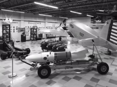 A training version of the Genie--identified by the sky-blue bland across the middle section of the rocket--at the Travis AFB Aviation Museum, near Vacaville, California.
