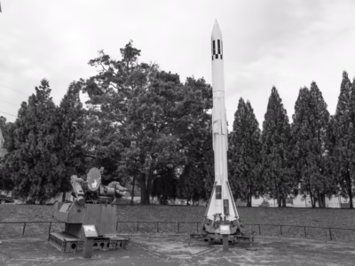 When photographing missiles one tends to lean backwards, giving the impression to those not familiar with the weapon, that they are towering constructions. This image, made at the US Space and Rocket Center in Huntsville, Alabama, helps give a more correct scale--the Corporal is about forty-five feet tall.