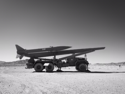 Here you can see the Honest John mounted in its launch vehicle, which has its three ground stabilizers deployed to attempt to keep the rail stationary as the rocket launches. In the historic films of test launch the rail seems to move quite dramatically, although the Army claims that the rocket, especially the newer versions, has good accuracy. Yuma Proving Ground, Arizona.