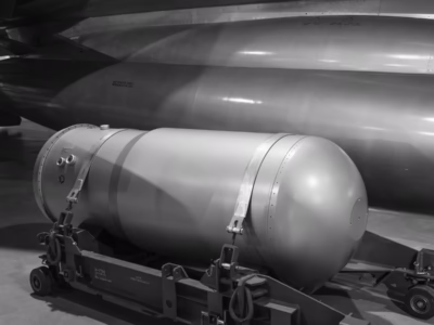 A "former senior officer" at SAC, as quoted in a 2010 unsigned article at the Washington Post's web site, says that the B53 was known internally as a "crowd pleaser." This might be due to its extraordinary 9-megaton yield but more likely was due to the dramatic scene of a B-58 Hustler dropping one at low altitude, with a trio of parachutes opening one after the other, like a flying drag racer, to slow its descent. As a photographer I like to think of it as a "crowd pleaser" because it has a certain minimalist beauty, especially so with the pod of the B-58 Hustler in the background. Located at the National Museum of the US Air Force, In Dayton, Ohio.