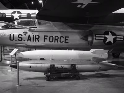 The white bomb in the rear is the Mark 43 while the closer bomb is the practice version of the B61 nuclear bomb, the primary modern bomb in the US inventory and one of the bombs that replaced the Mark 43. These units are located at the National Museum of the US Air Force, In Dayton, Ohio.