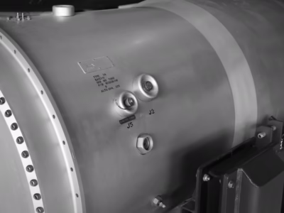 These ports are said to be the fuzing plugs for the B53. The bomb could be delivered in a variety of ways: Freefall, parachute-slowed freefall, laydown, and others. This bomb is at the Wings Over the Rockies Museum, in Denver.